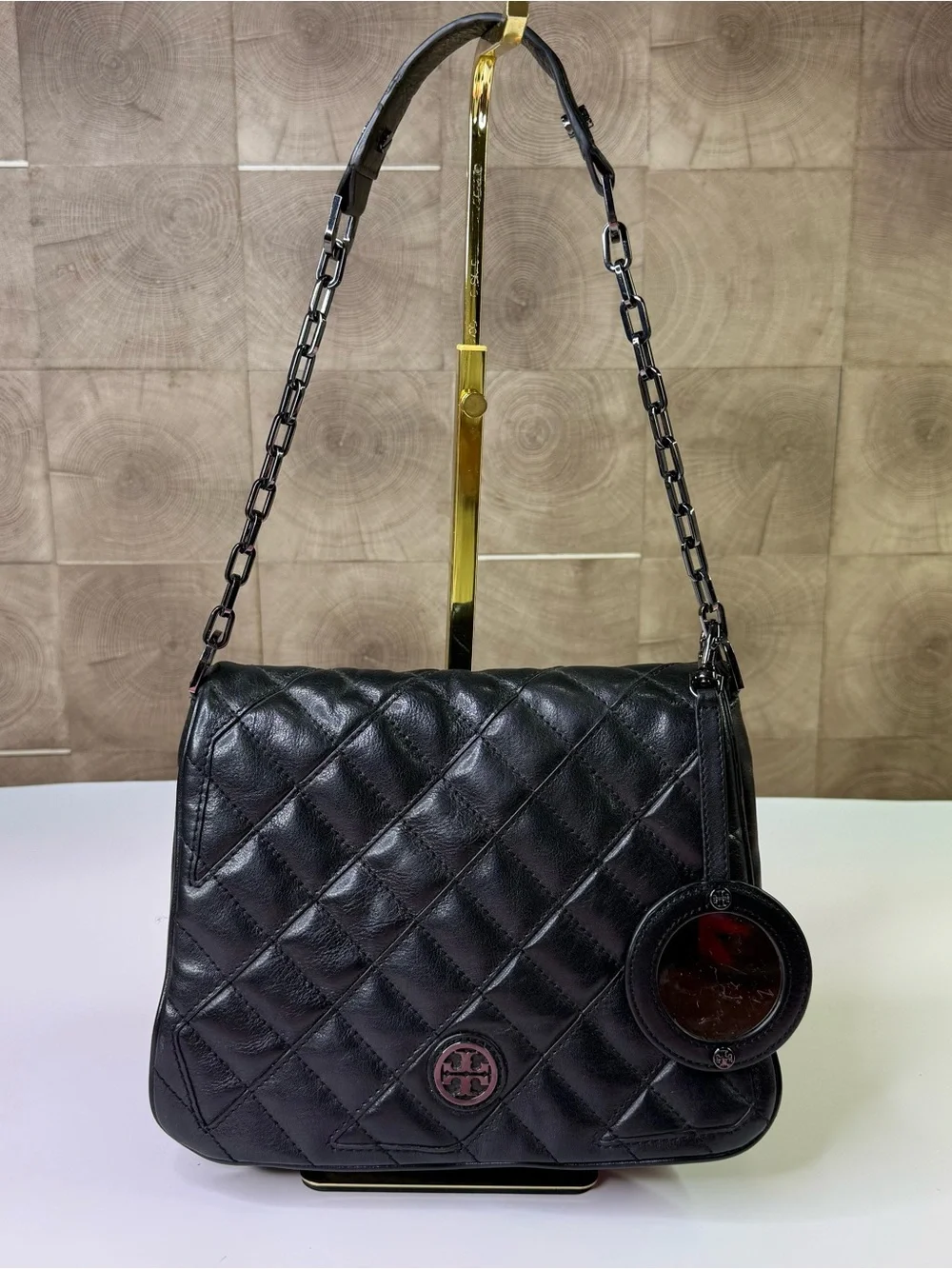 Tory Burch black quilted leather crossbody bag with chain strap